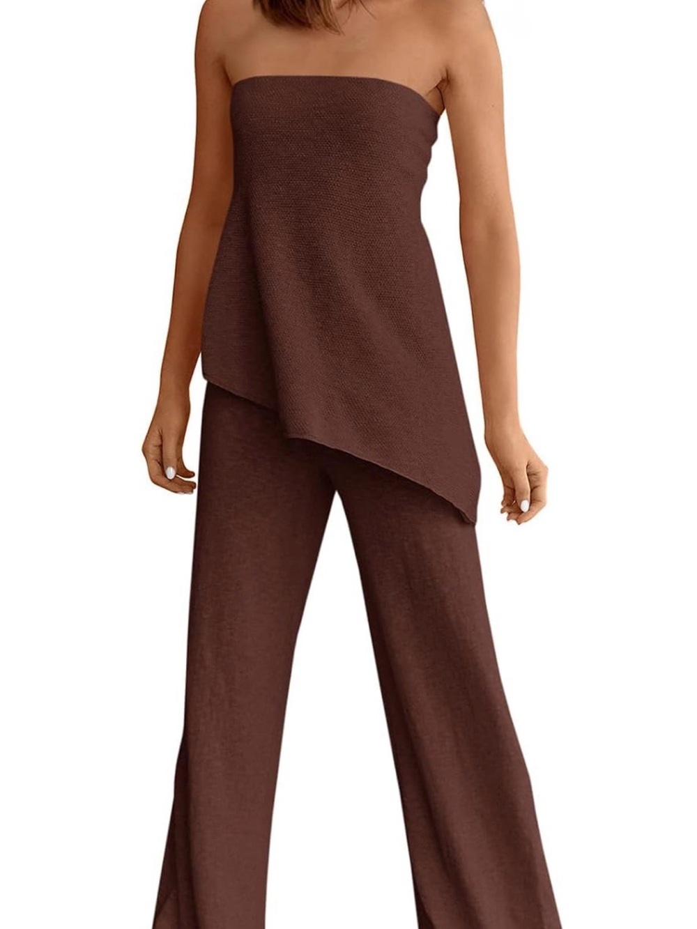Strapless Asymmetrical Top & Wide-Leg Pants Set - Brown
